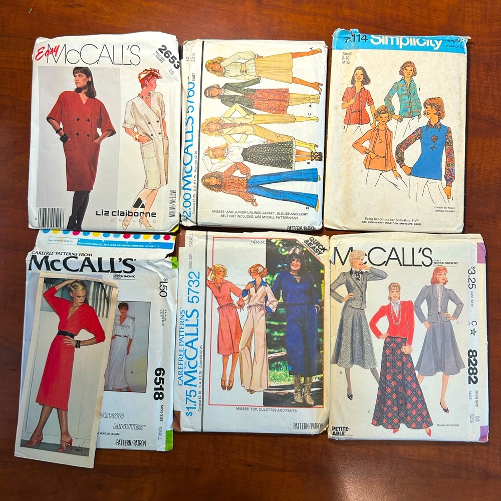 Pack of 6, 70’s 80’s sewing patterns uncut, size small, bust size 32 1/2